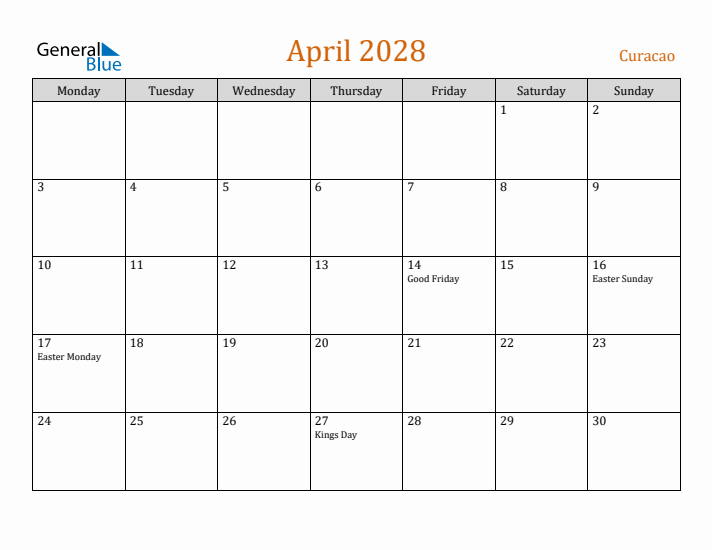 April 2028 Holiday Calendar with Monday Start