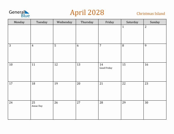 April 2028 Holiday Calendar with Monday Start