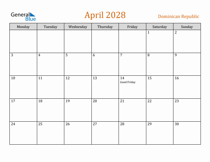 April 2028 Holiday Calendar with Monday Start