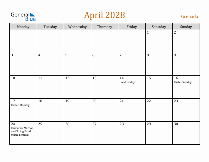 April 2028 Holiday Calendar with Monday Start