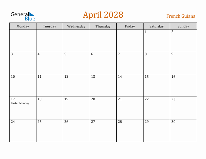 April 2028 Holiday Calendar with Monday Start