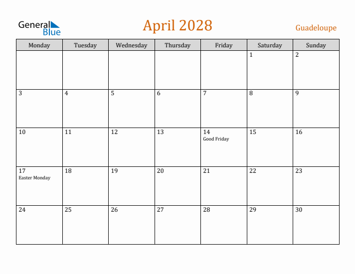 April 2028 Holiday Calendar with Monday Start