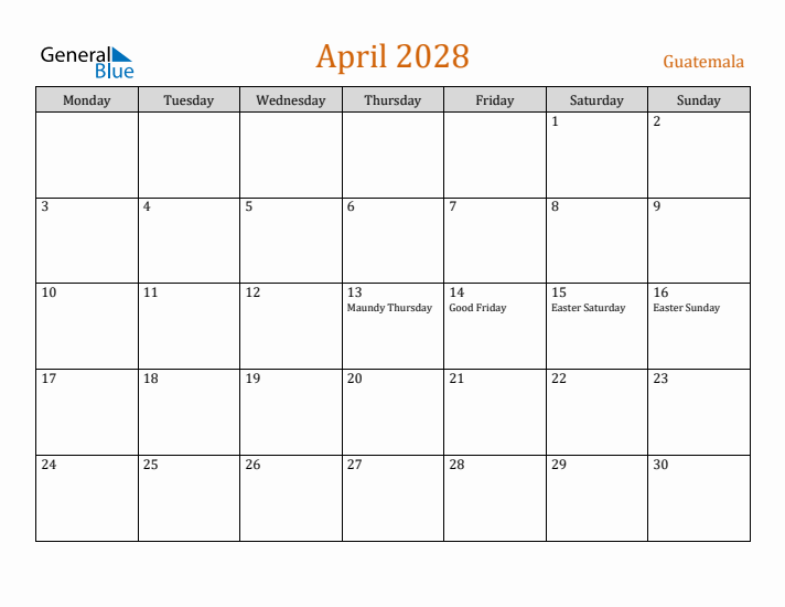 April 2028 Holiday Calendar with Monday Start