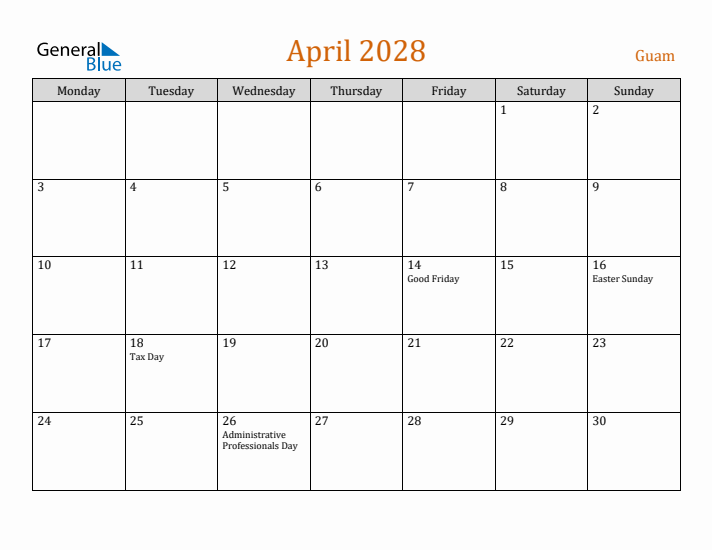 April 2028 Holiday Calendar with Monday Start