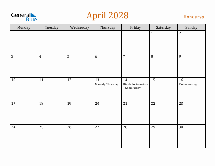 April 2028 Holiday Calendar with Monday Start