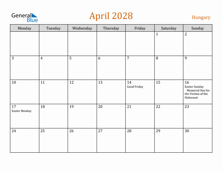 April 2028 Holiday Calendar with Monday Start