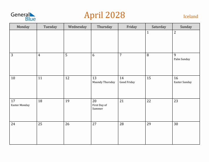 April 2028 Holiday Calendar with Monday Start