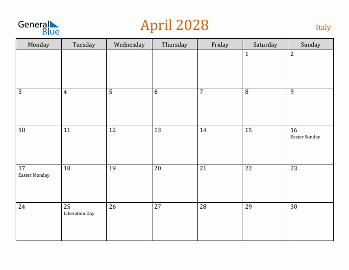 April 2028 Holiday Calendar with Monday Start