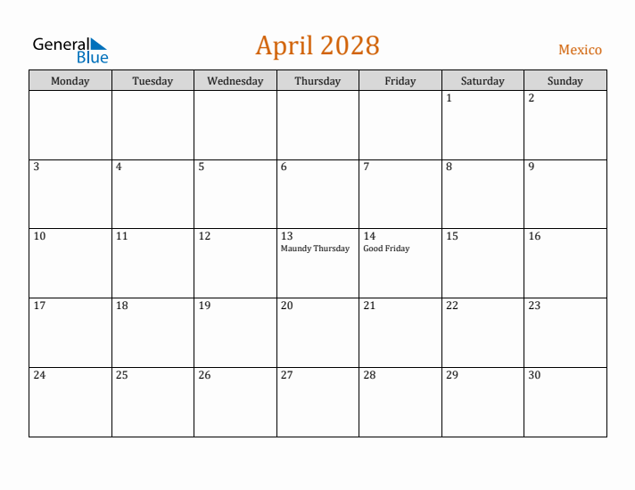 April 2028 Holiday Calendar with Monday Start