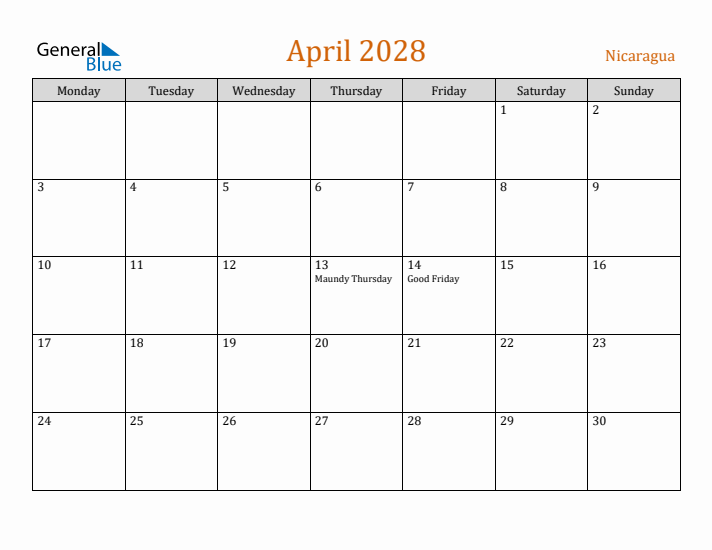 April 2028 Holiday Calendar with Monday Start