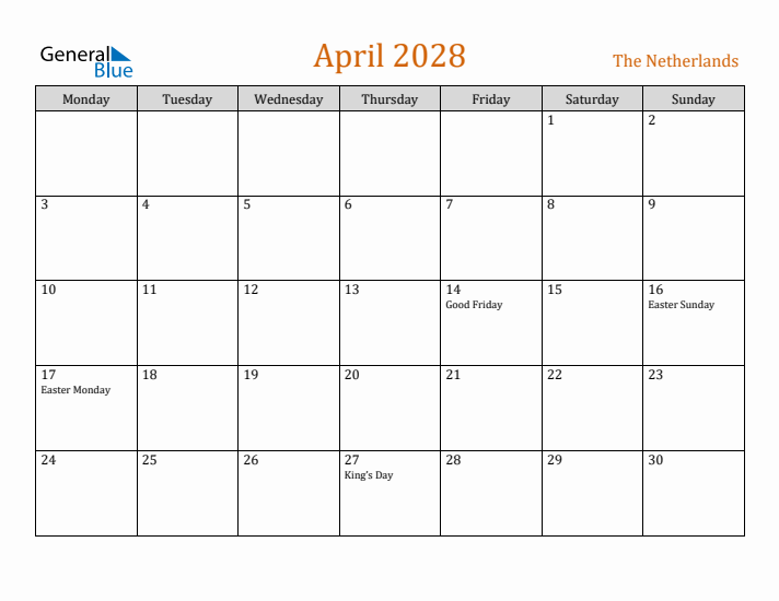 April 2028 Holiday Calendar with Monday Start