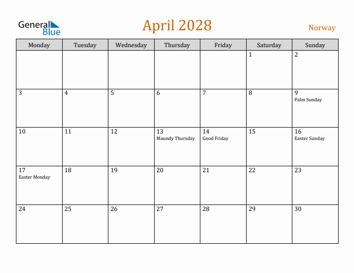 April 2028 Holiday Calendar with Monday Start