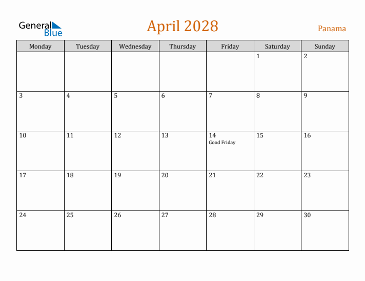 April 2028 Holiday Calendar with Monday Start