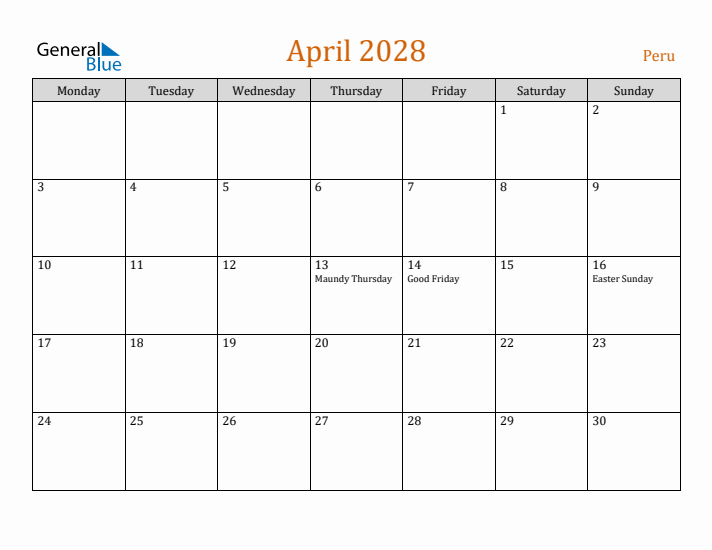 April 2028 Holiday Calendar with Monday Start