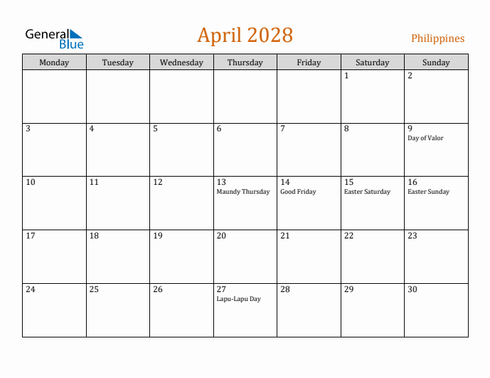 April 2028 Holiday Calendar with Monday Start