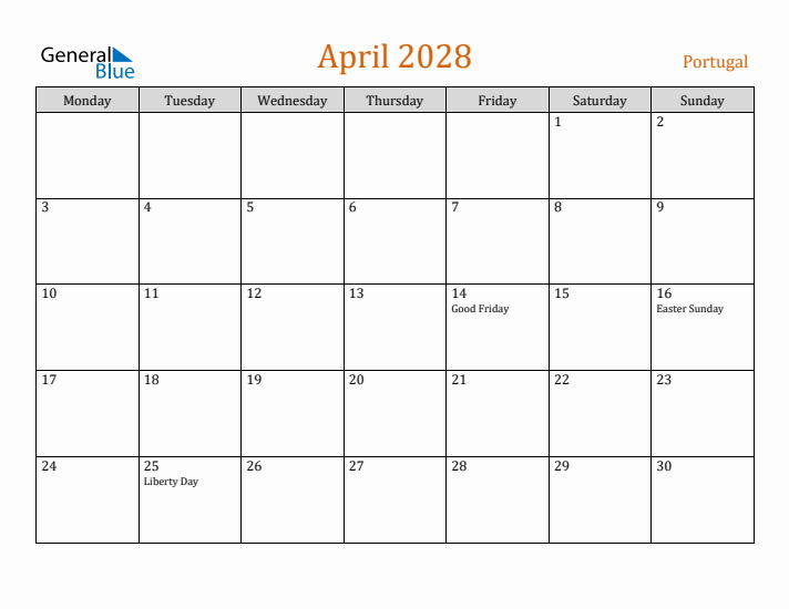 April 2028 Holiday Calendar with Monday Start