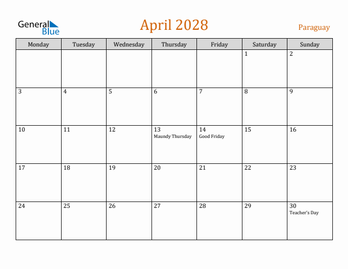 April 2028 Holiday Calendar with Monday Start