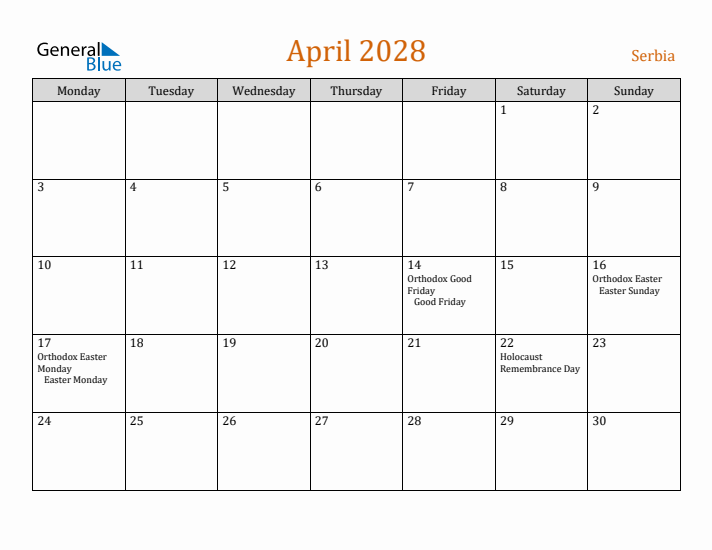 April 2028 Holiday Calendar with Monday Start