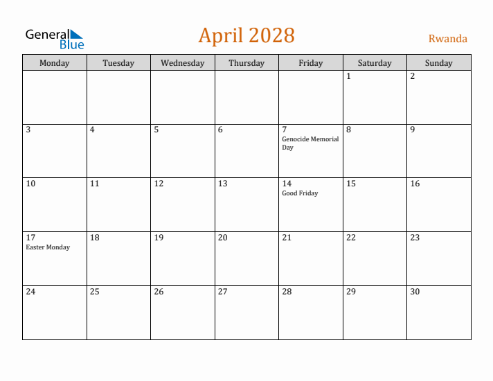 April 2028 Holiday Calendar with Monday Start