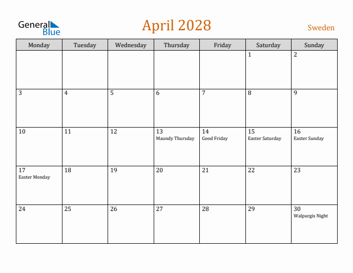 April 2028 Holiday Calendar with Monday Start