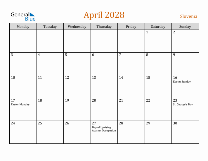 April 2028 Holiday Calendar with Monday Start