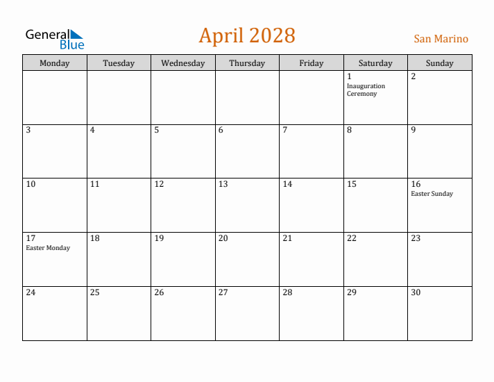 April 2028 Holiday Calendar with Monday Start