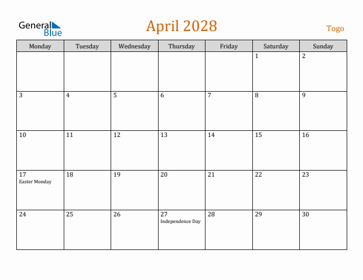 April 2028 Holiday Calendar with Monday Start