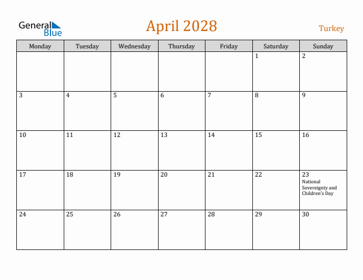 April 2028 Holiday Calendar with Monday Start