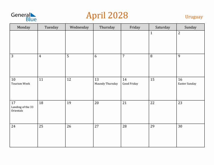 April 2028 Holiday Calendar with Monday Start