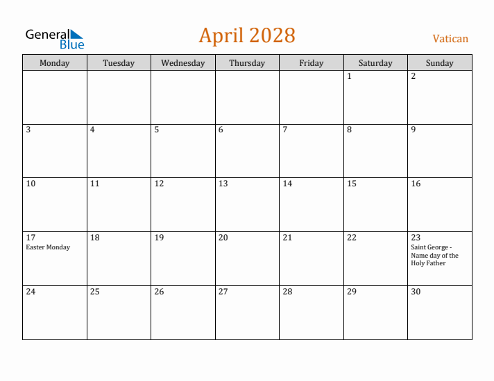 April 2028 Holiday Calendar with Monday Start