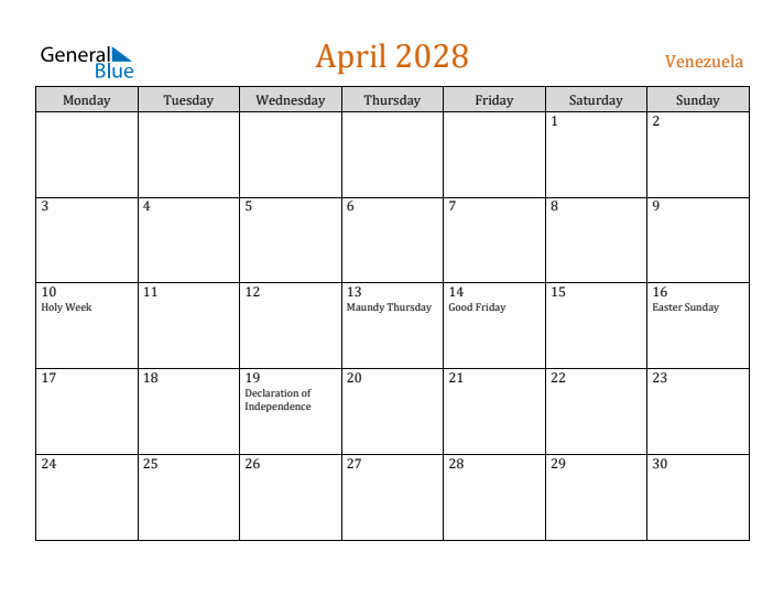 April 2028 Holiday Calendar with Monday Start