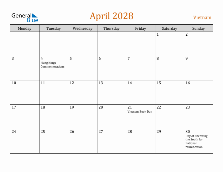 April 2028 Holiday Calendar with Monday Start