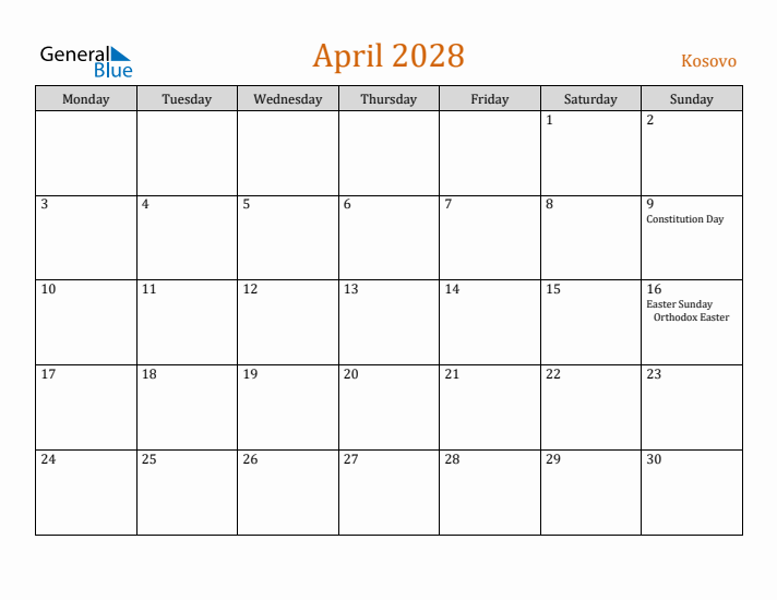 April 2028 Holiday Calendar with Monday Start