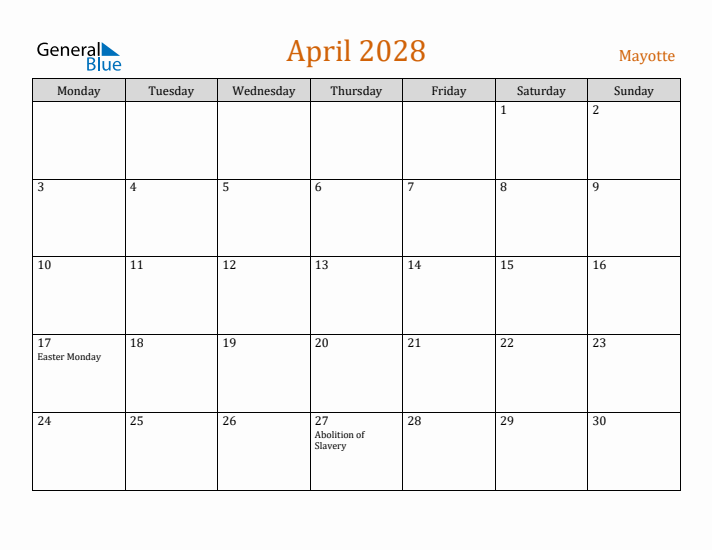 April 2028 Holiday Calendar with Monday Start