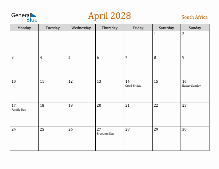 April 2028 Holiday Calendar with Monday Start