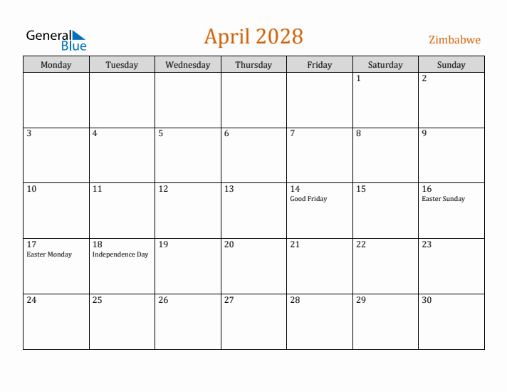 April 2028 Holiday Calendar with Monday Start