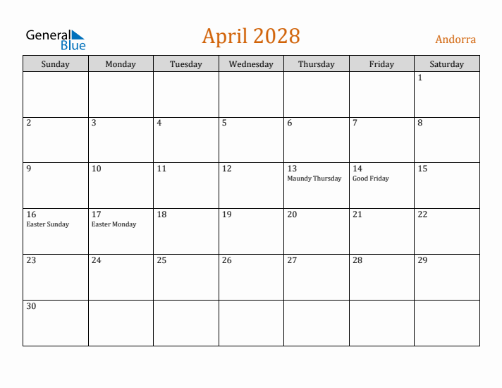 April 2028 Holiday Calendar with Sunday Start