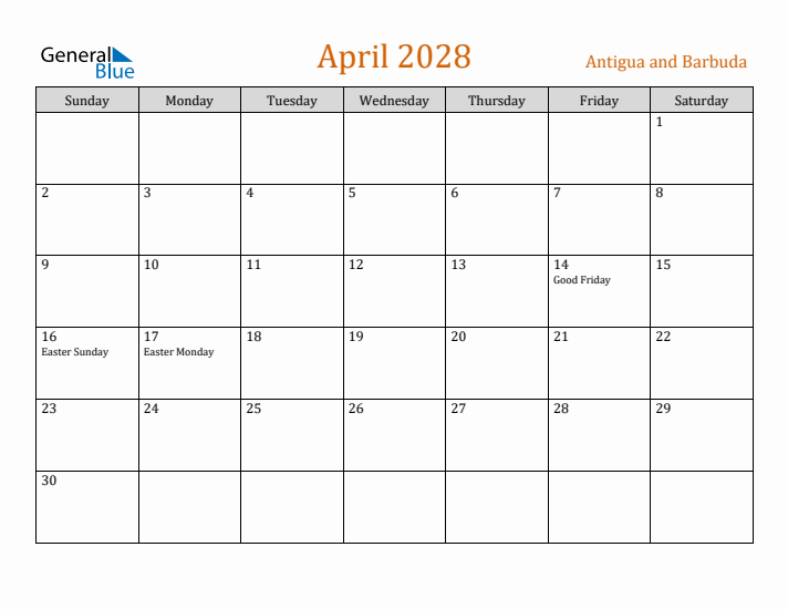 April 2028 Holiday Calendar with Sunday Start