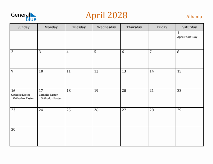 April 2028 Holiday Calendar with Sunday Start