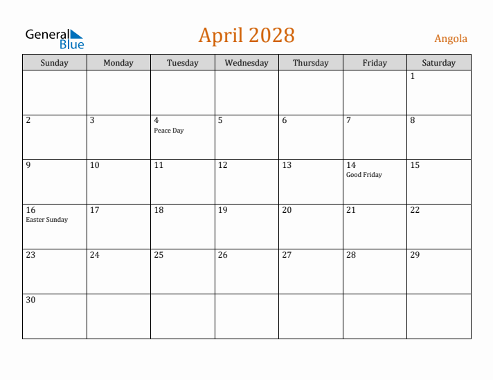 April 2028 Holiday Calendar with Sunday Start