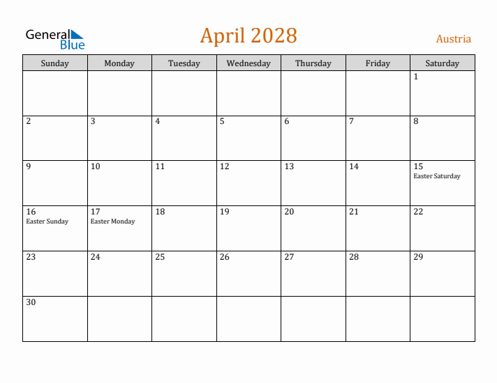 April 2028 Holiday Calendar with Sunday Start