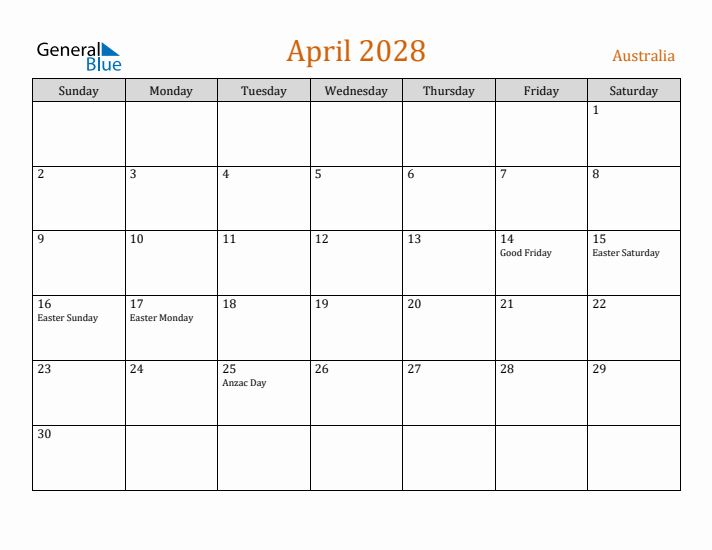 April 2028 Holiday Calendar with Sunday Start