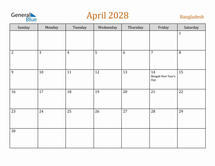 April 2028 Holiday Calendar with Sunday Start