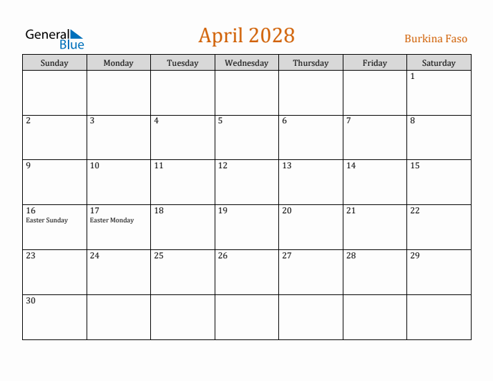 April 2028 Holiday Calendar with Sunday Start