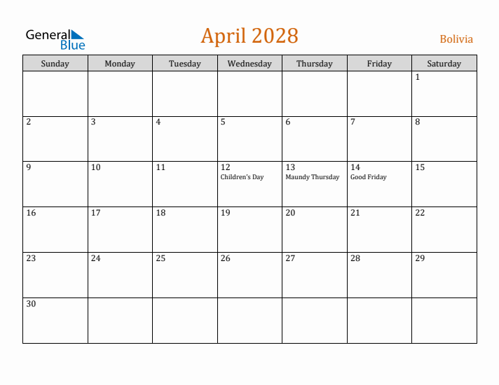 April 2028 Holiday Calendar with Sunday Start