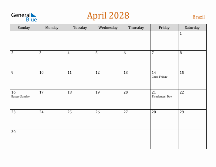 April 2028 Holiday Calendar with Sunday Start