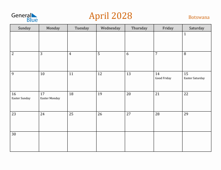 April 2028 Holiday Calendar with Sunday Start