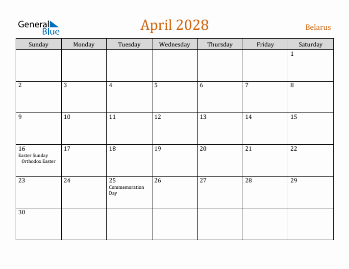 April 2028 Holiday Calendar with Sunday Start