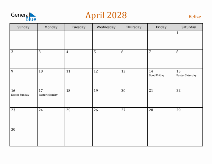 April 2028 Holiday Calendar with Sunday Start