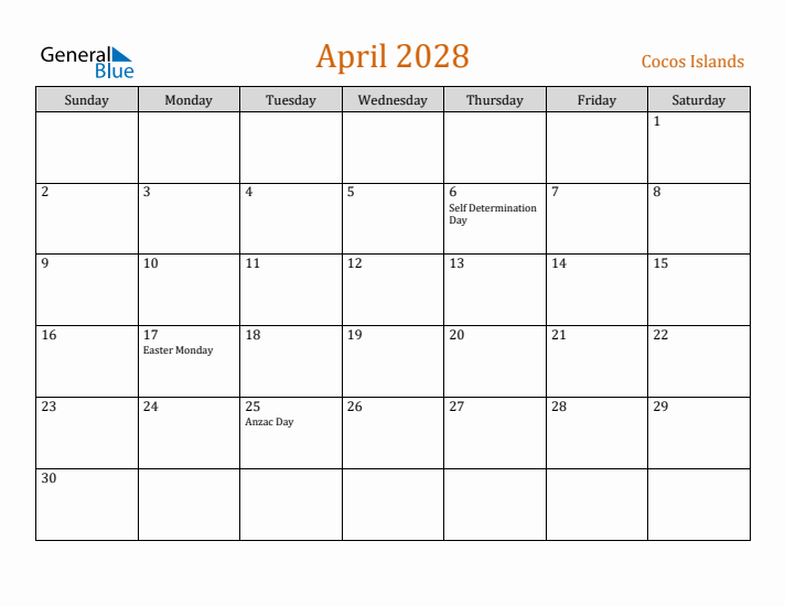 April 2028 Holiday Calendar with Sunday Start